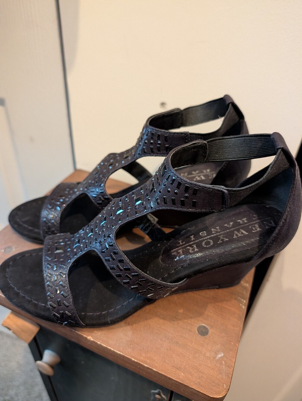 New York Transit Black Cutout Wedge Sandals